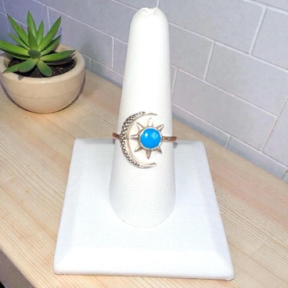 Moon & Star Sleeping Beauty Turquoise Ring .925 Solid Sterling Silver Size 9.5